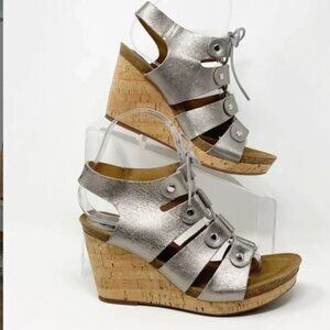 Sofft Womens Silver Metallic Leather Lace up Cork Wedge Sandals Size 7